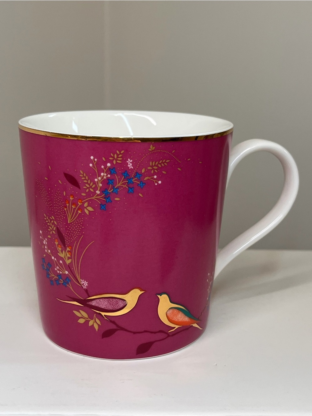 Portmeirion Fuchsia Pink Bird Porcelain Mug with Gold Trim
